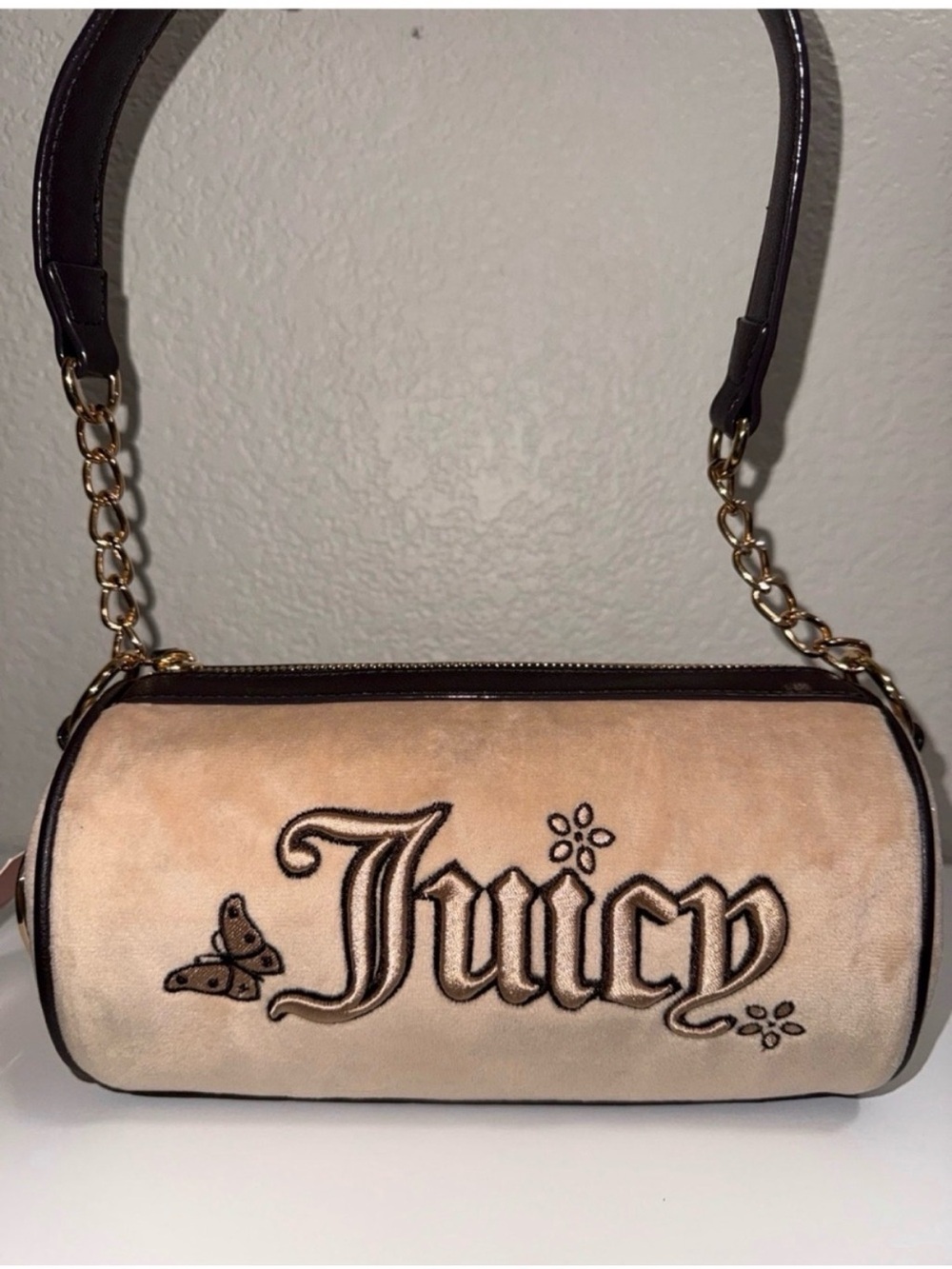 Juicy Couture Beige Velvet Barrel Shoulder Bag with Gold Chain